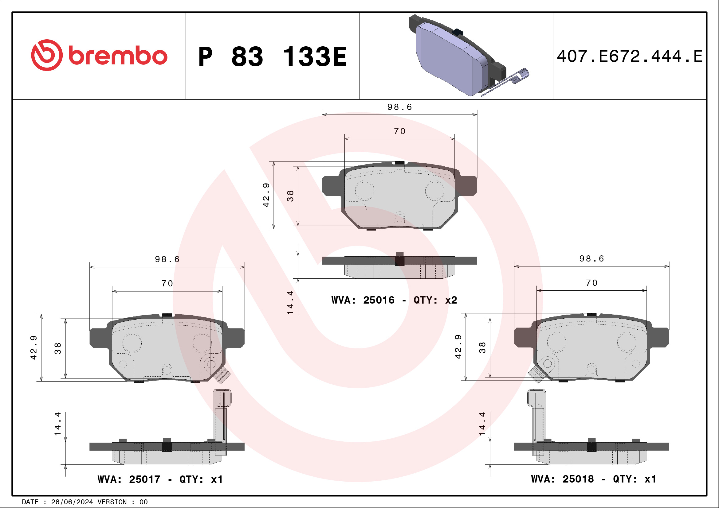 Jogo de 4 pastilhas de travão BREMBO ref. P 83 133E