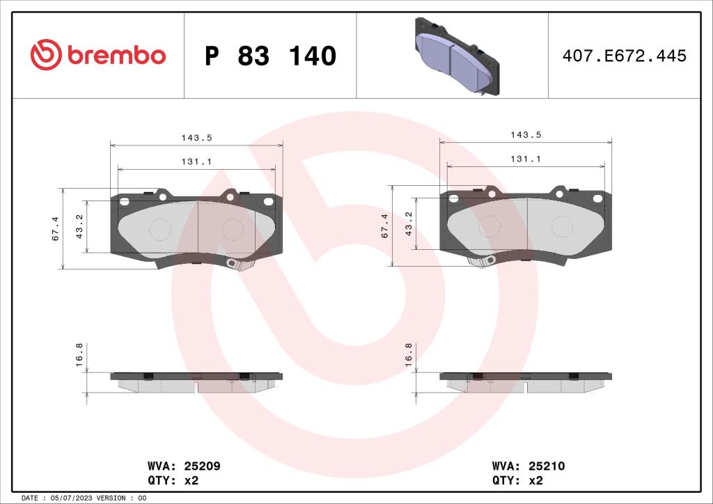 Jogo de 4 pastilhas de travão BREMBO ref. P 83 140