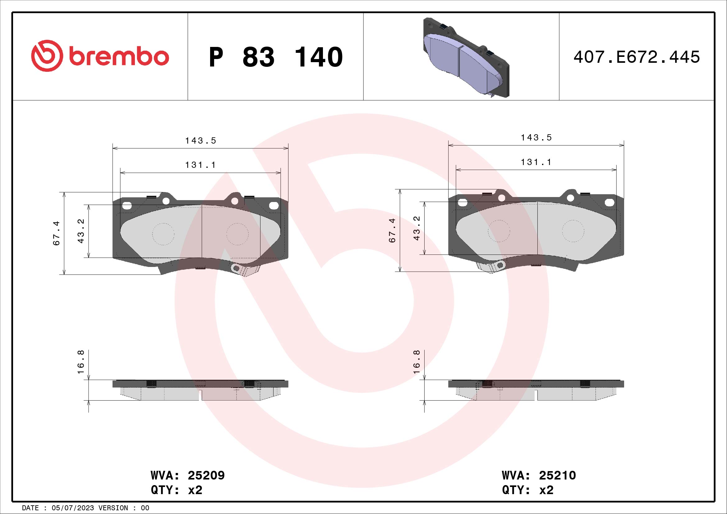 Jogo de 4 pastilhas de travão BREMBO ref. P 83 140