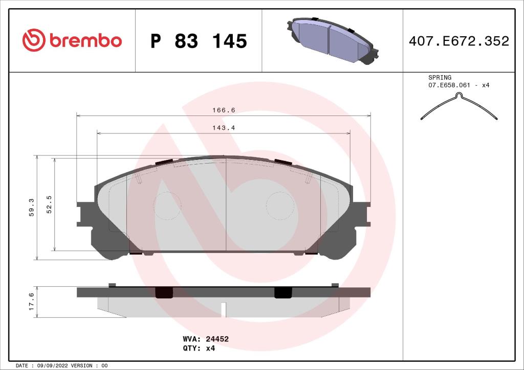Jogo de 4 pastilhas de travão BREMBO ref. P 83 145