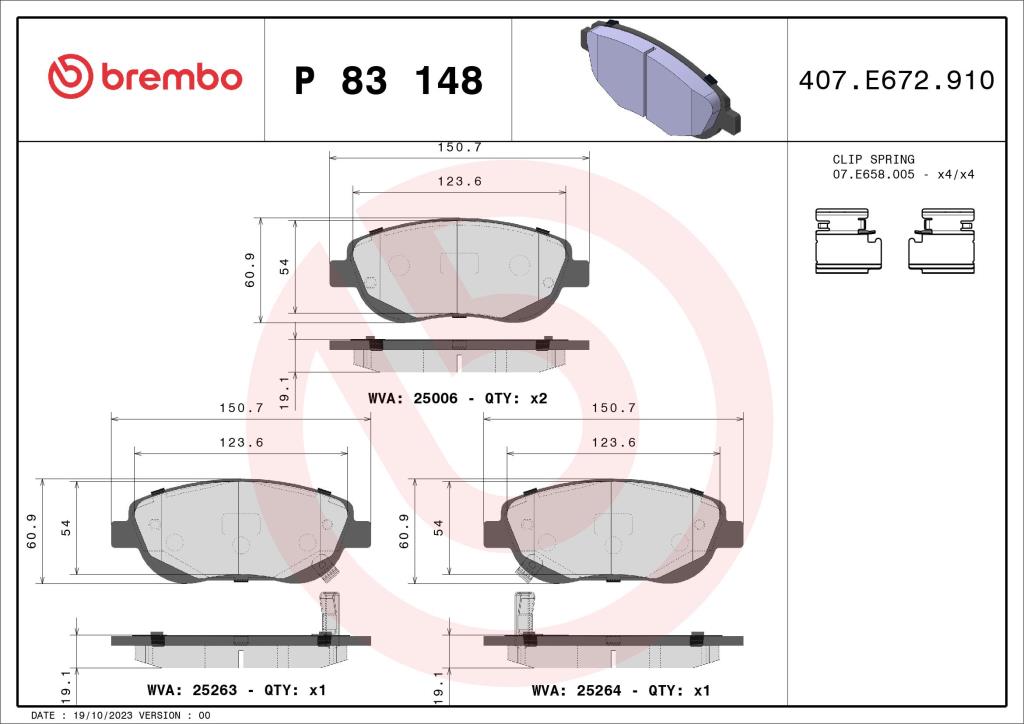 Jogo de 4 pastilhas de travão BREMBO ref. P 83 148