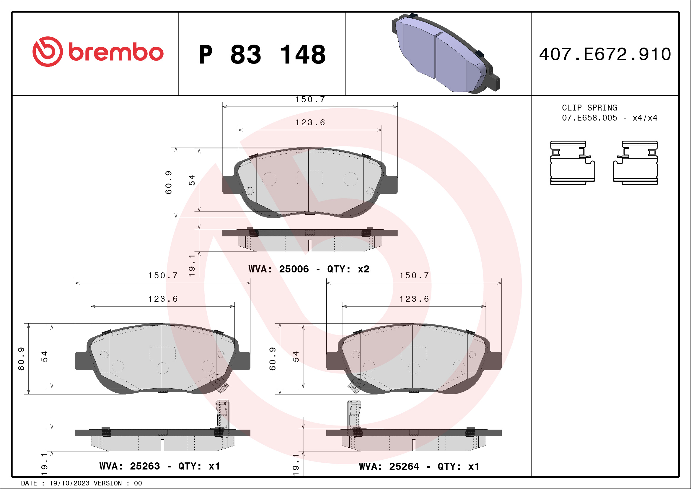 Jogo de 4 pastilhas de travão BREMBO ref. P 83 148