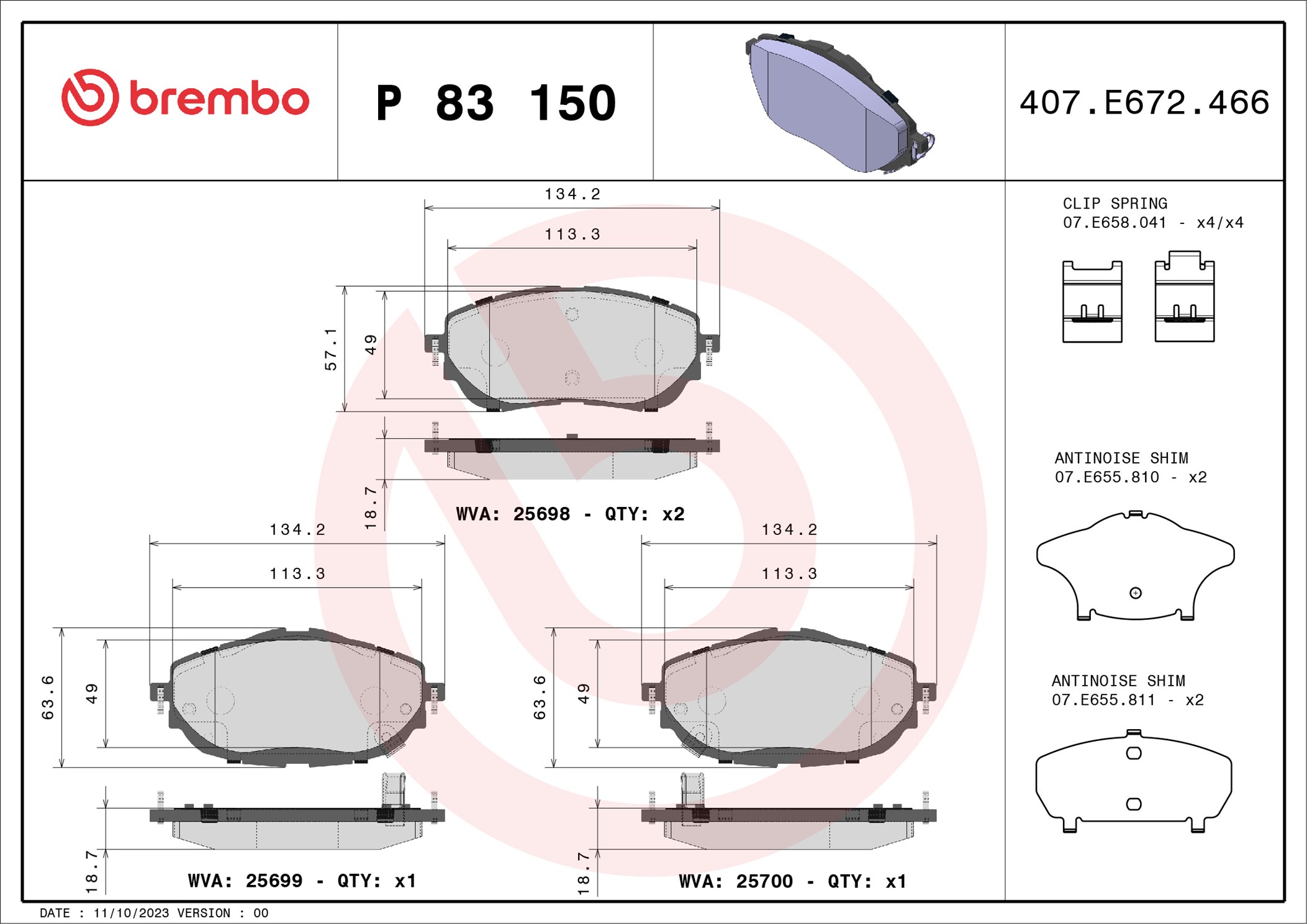 Jogo de 4 pastilhas de travão BREMBO ref. P 83 150