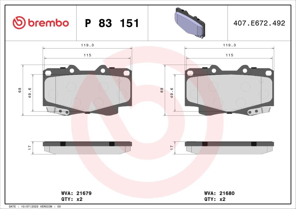 Jeu de 4 plaquettes de frein BREMBO ref. P 83 151