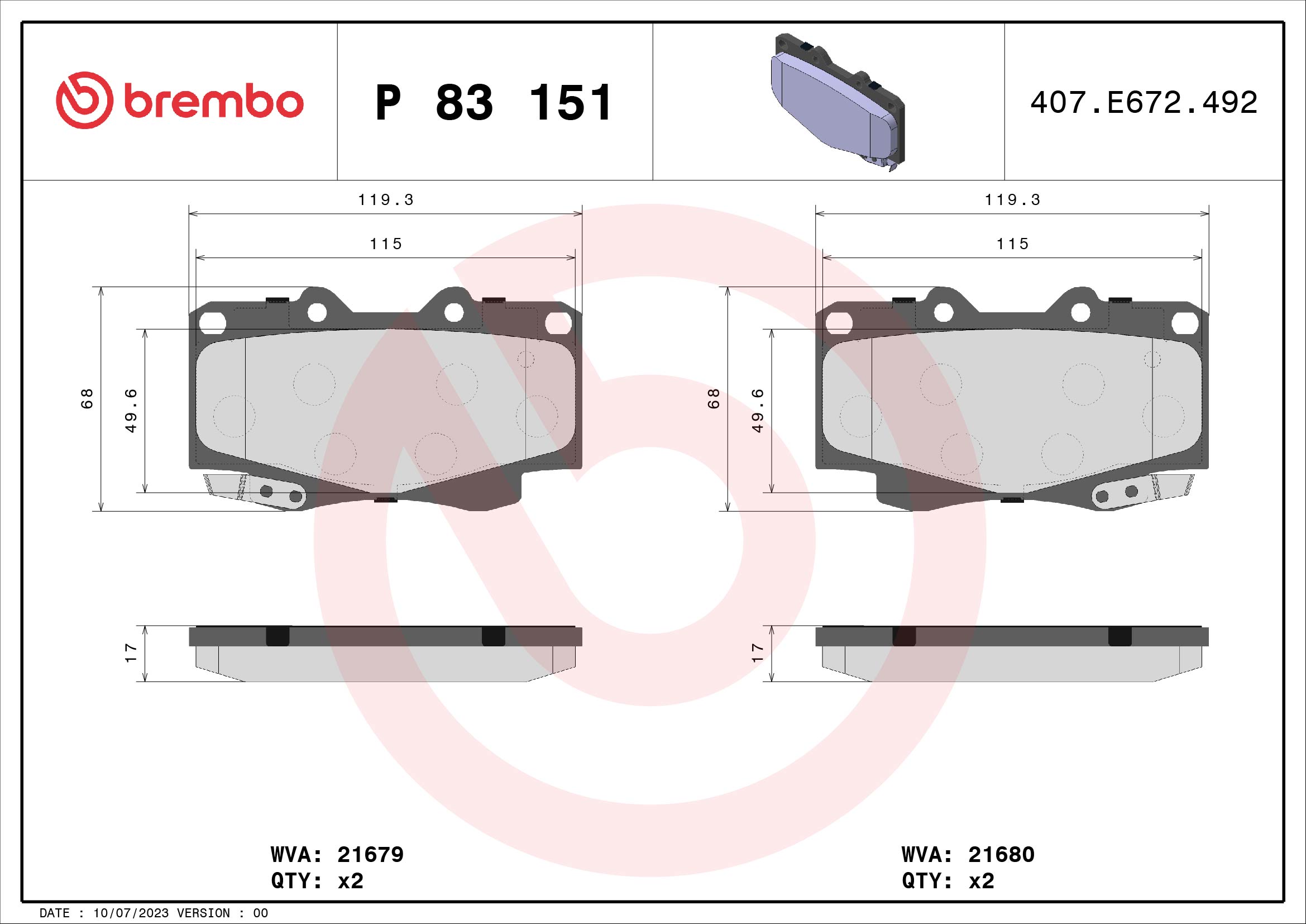 Jeu de 4 plaquettes de frein BREMBO ref. P 83 151