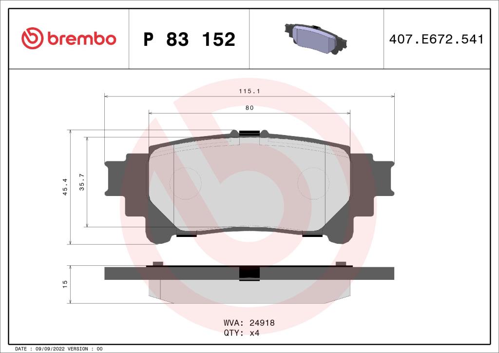 Jogo de 4 pastilhas de travão BREMBO ref. P 83 152