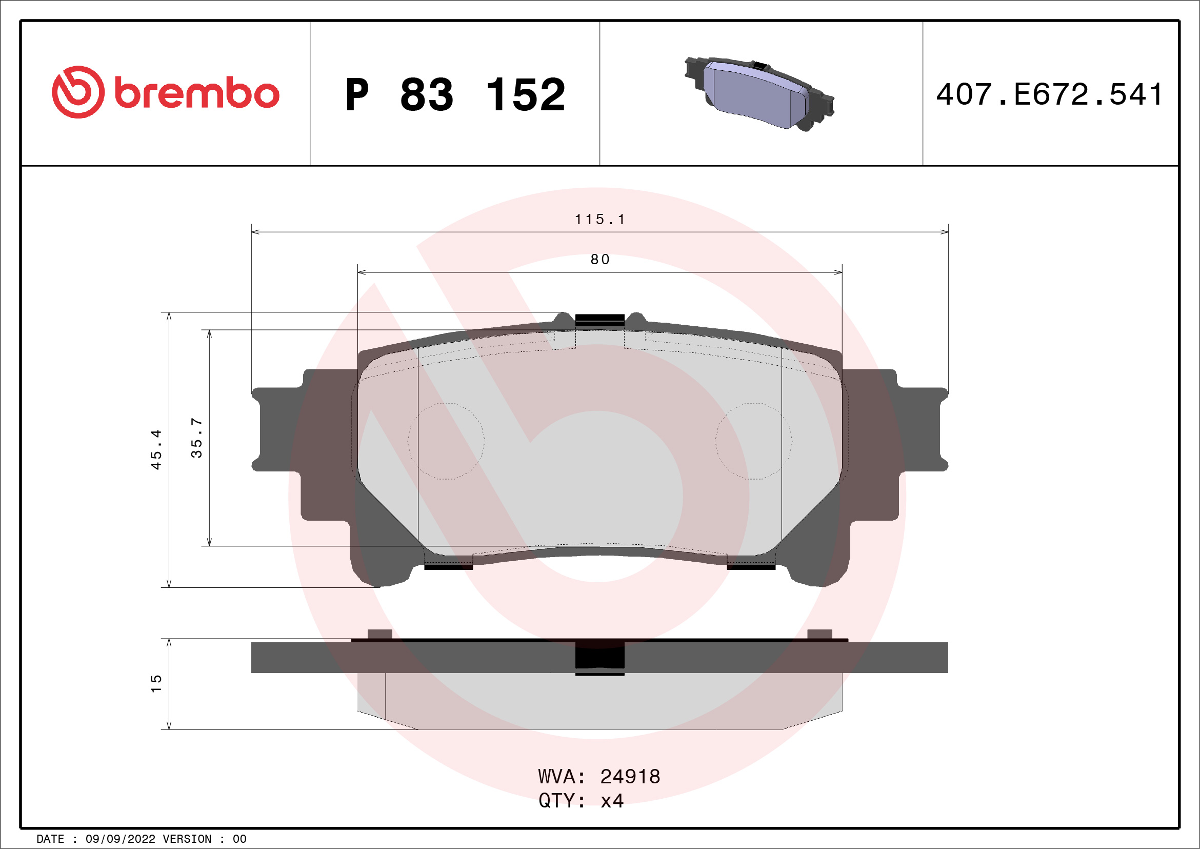 Jogo de 4 pastilhas de travão BREMBO ref. P 83 152