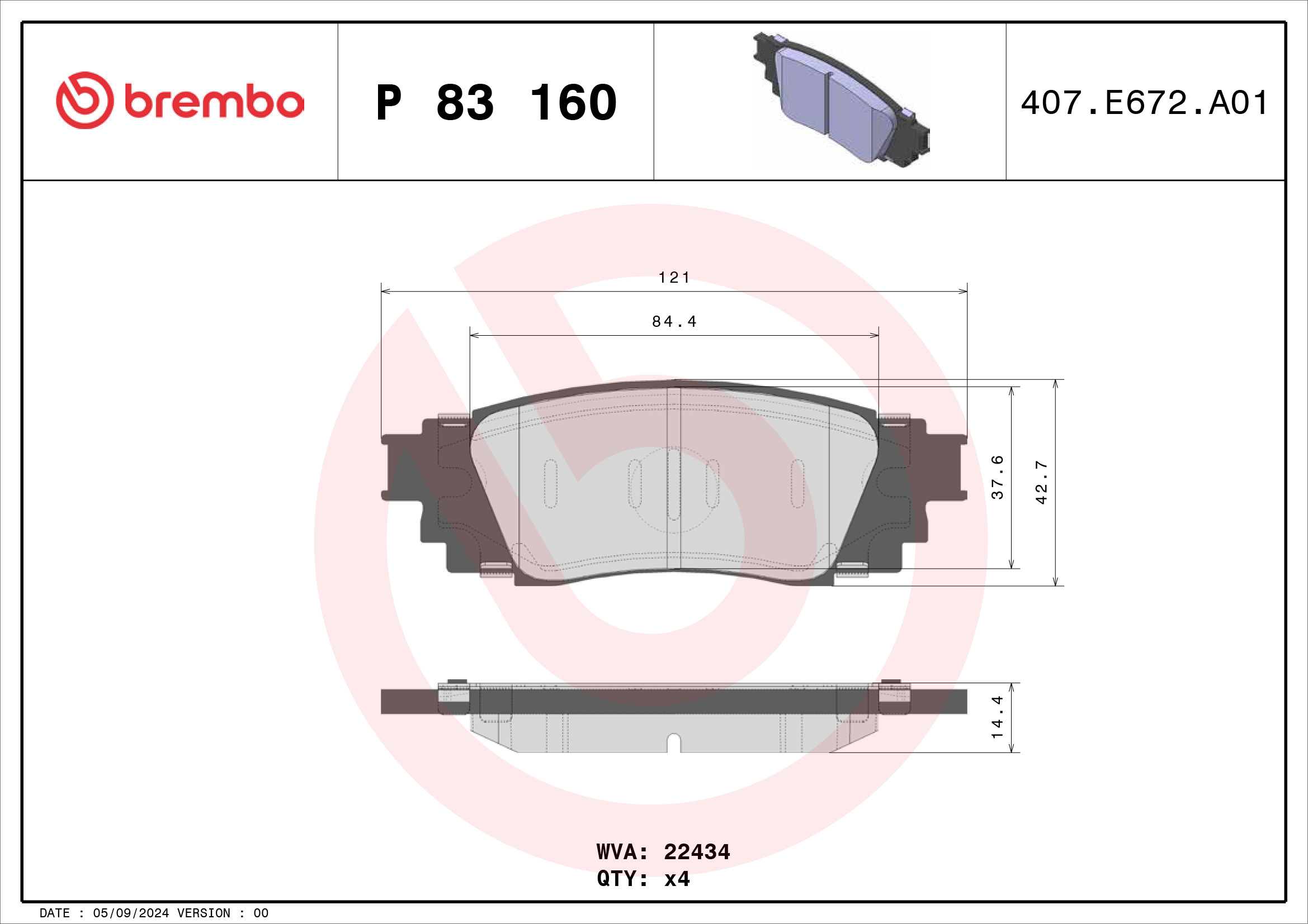 Jogo de 4 pastilhas de travão BREMBO ref. P 83 160