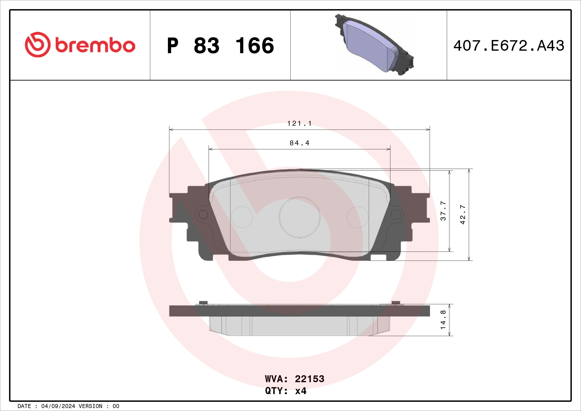 Jogo de 4 pastilhas de travão BREMBO ref. P 83 166