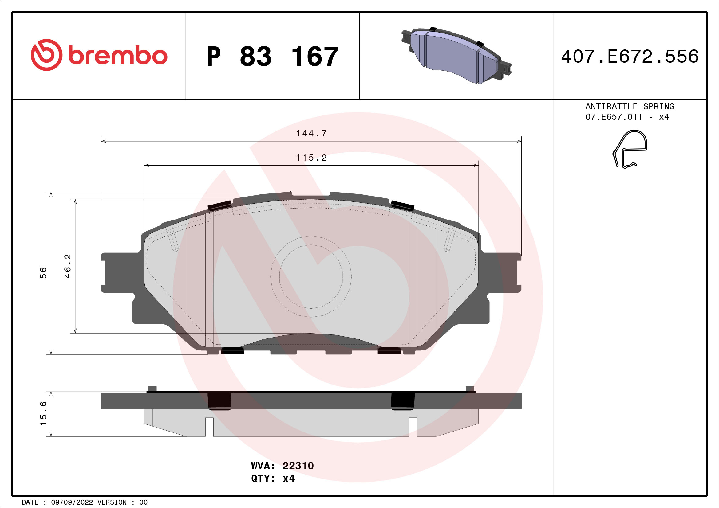 Jeu de 4 plaquettes de frein BREMBO ref. P 83 167