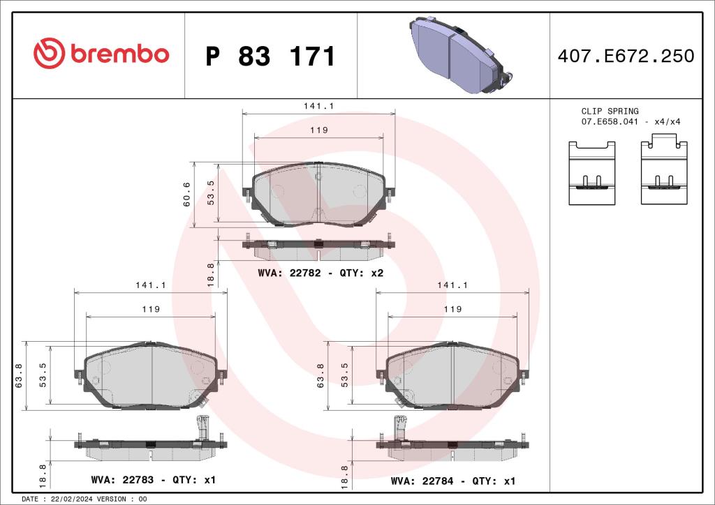 Jogo de 4 pastilhas de travão BREMBO ref. P 83 171