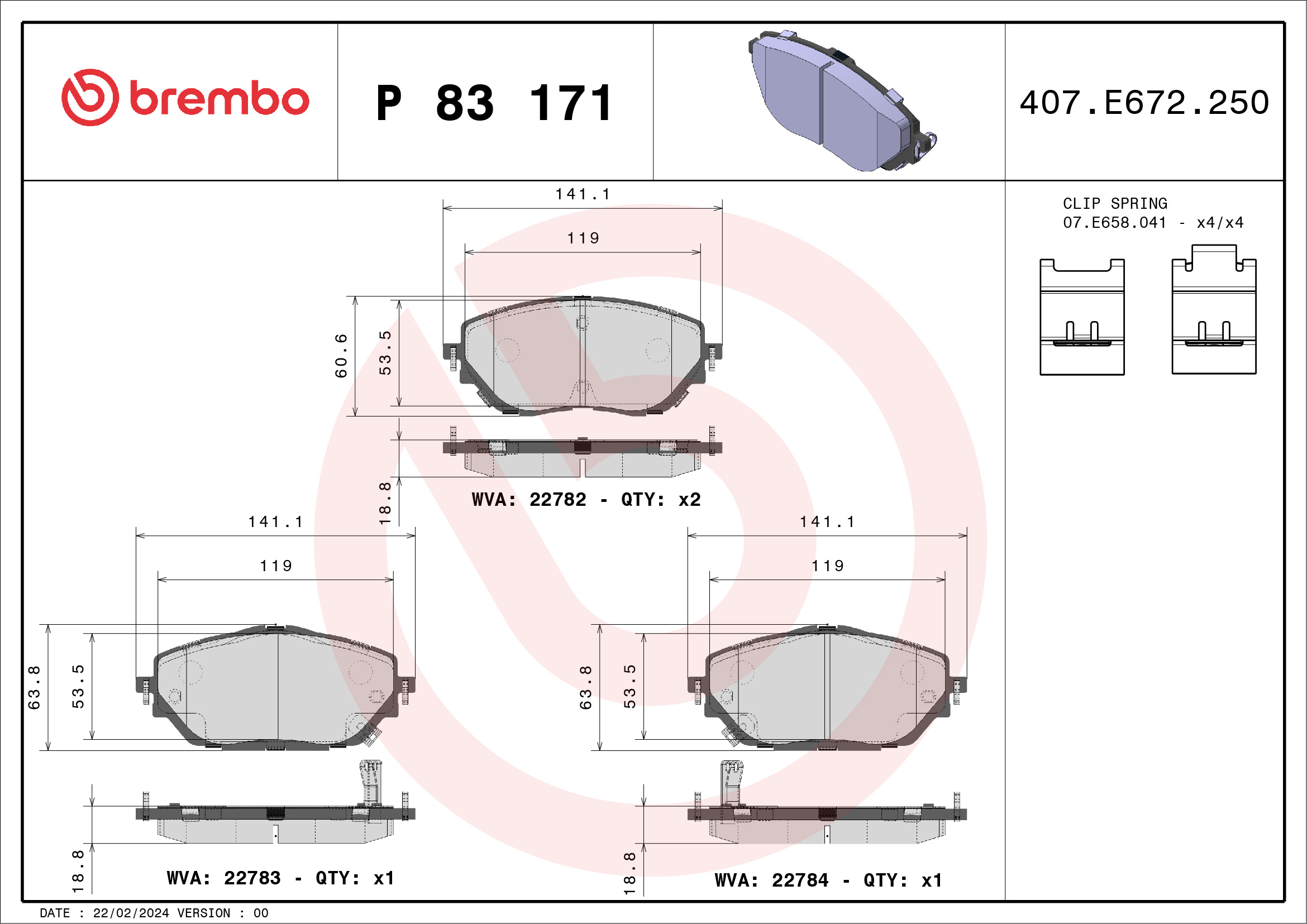 Jogo de 4 pastilhas de travão BREMBO ref. P 83 171