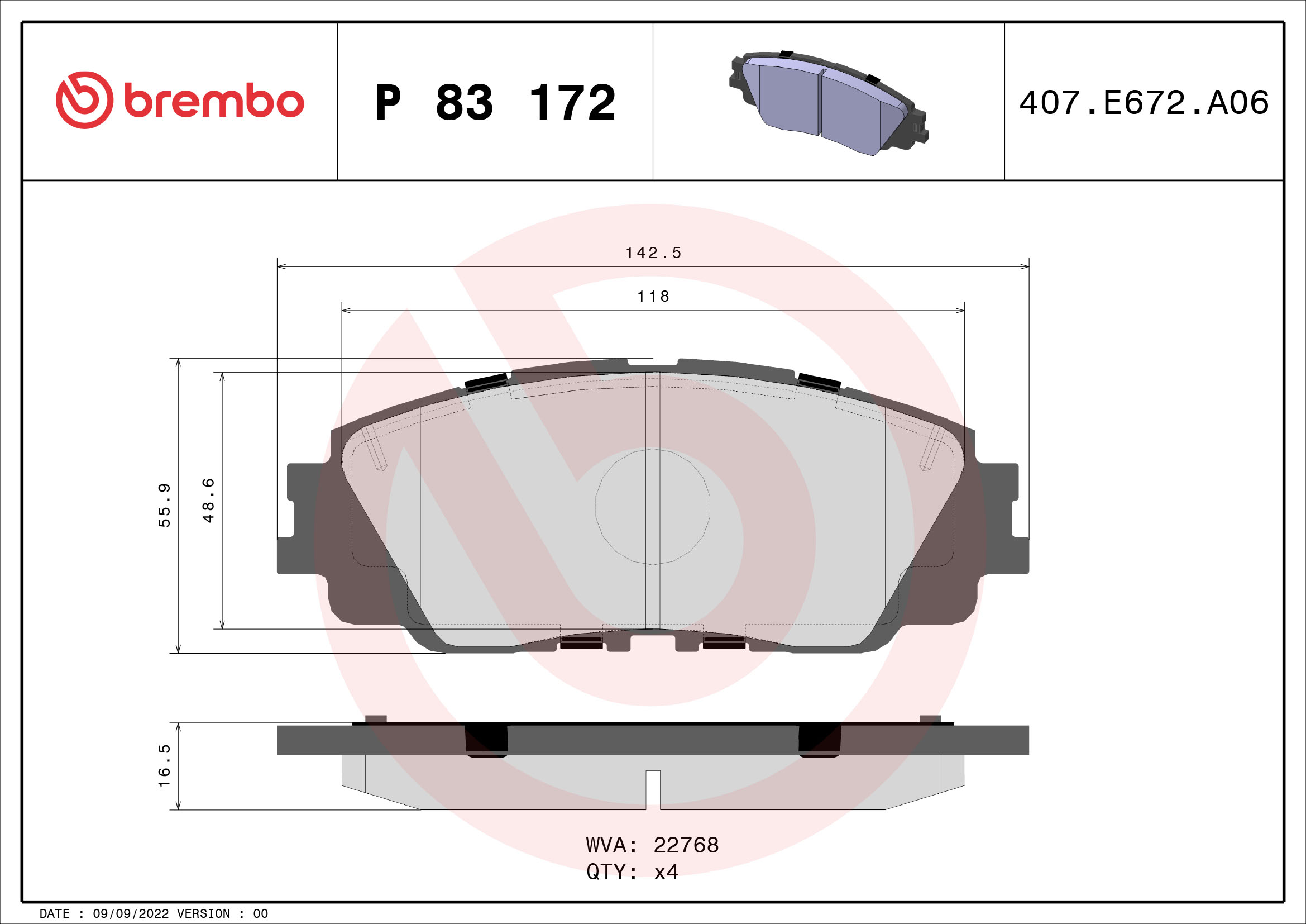 Jogo de 4 pastilhas de travão BREMBO ref. P 83 172