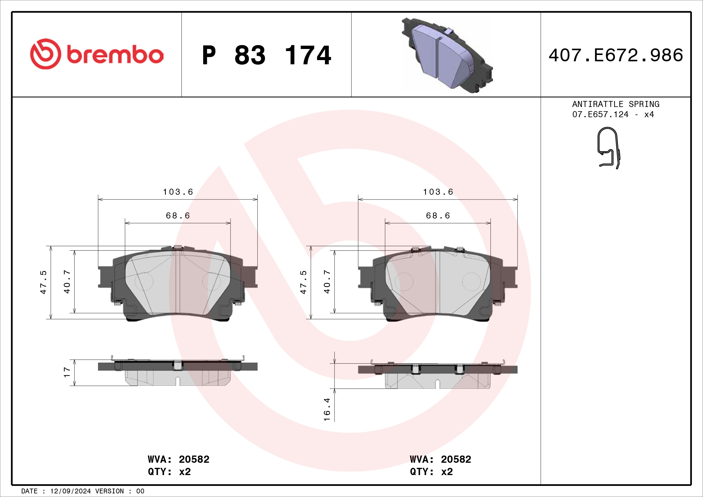 Jogo de 4 pastilhas de travão BREMBO ref. P 83 174