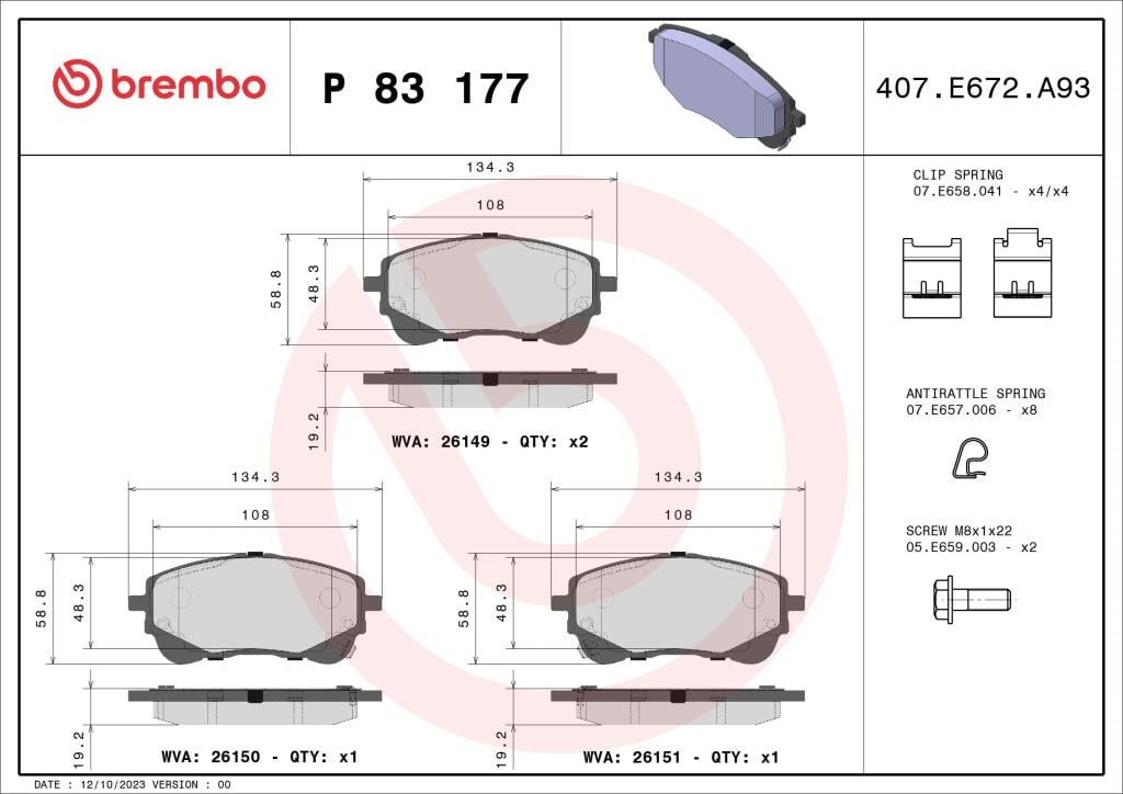 Jogo de 4 pastilhas de travão BREMBO ref. P 83 177