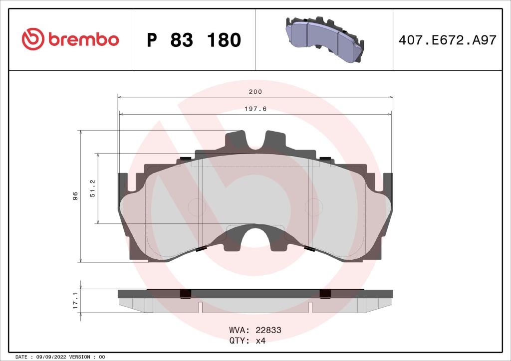 Jogo de 4 pastilhas de travão BREMBO ref. P 83 180