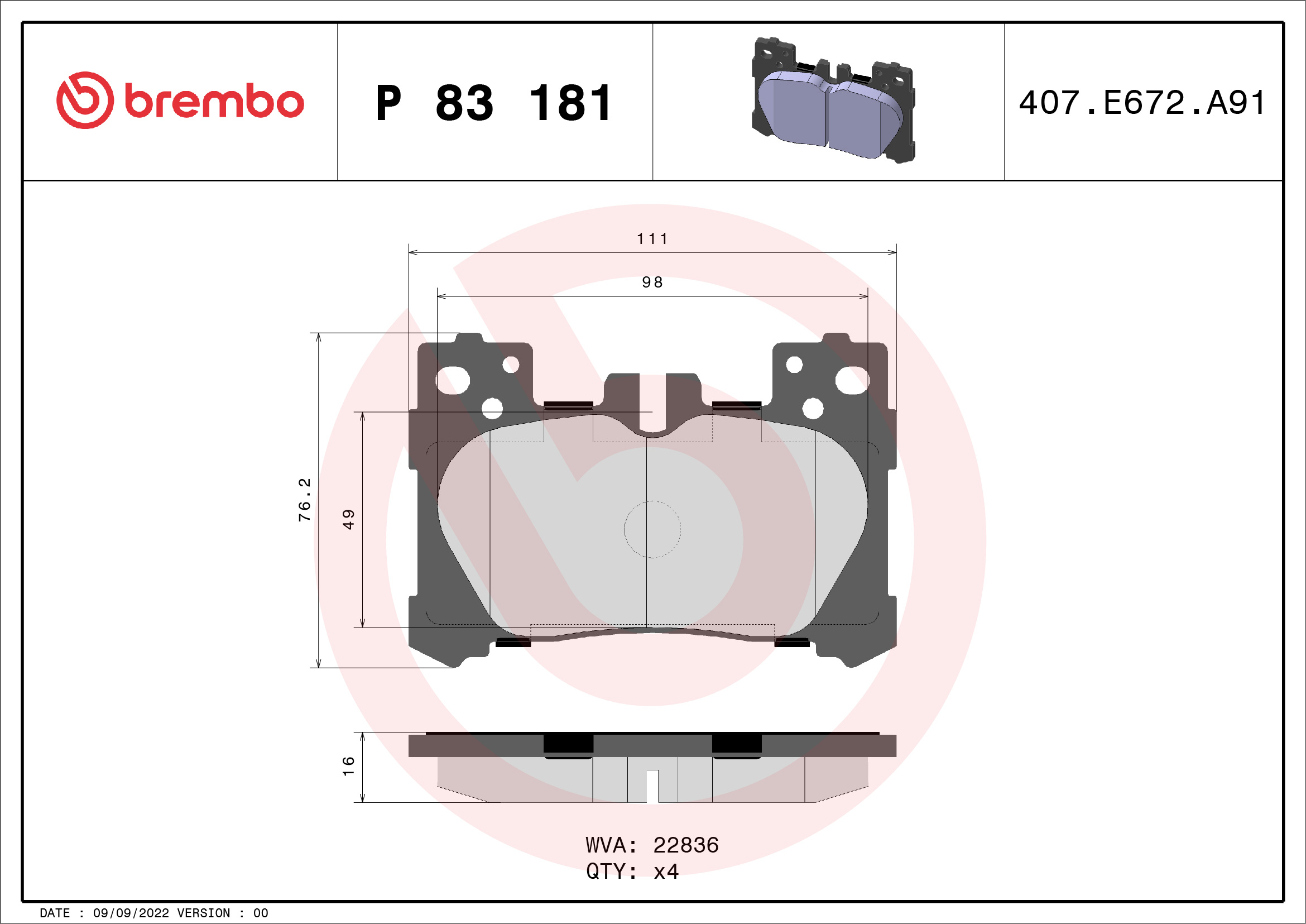 Jogo de 4 pastilhas de travão BREMBO ref. P 83 181