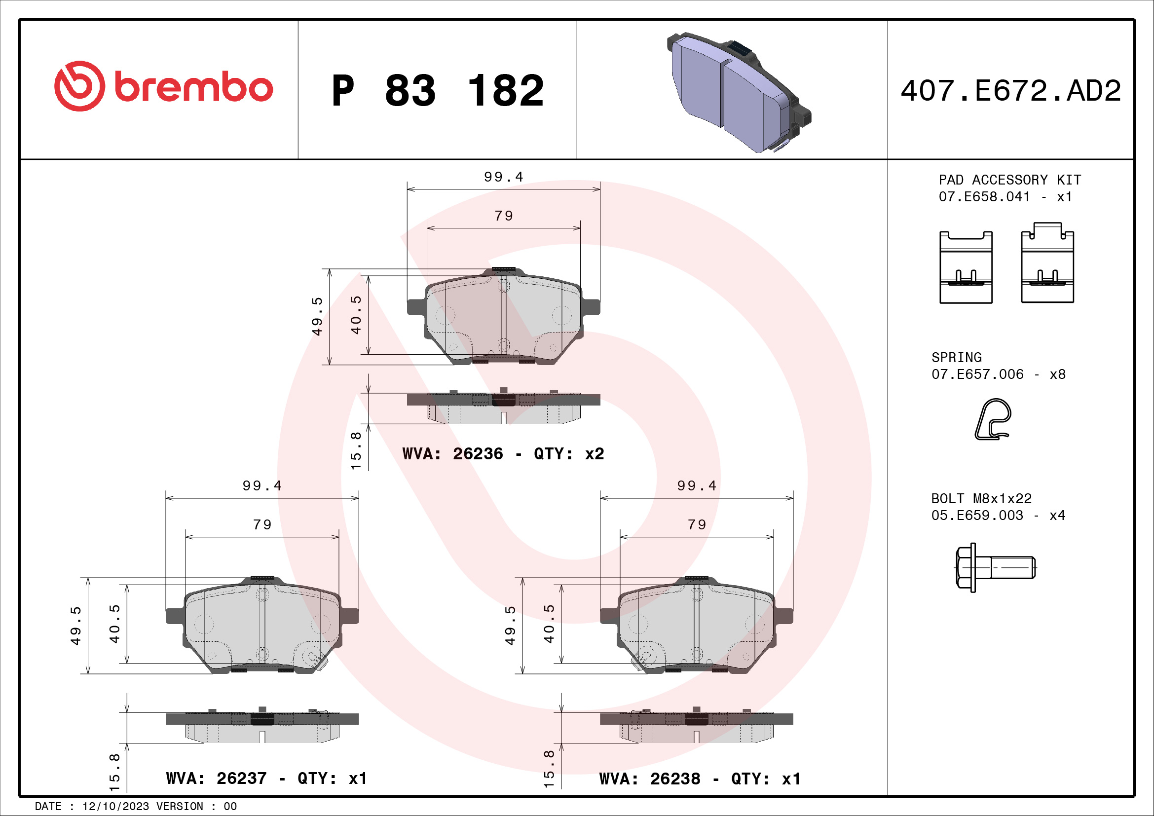 Jogo de 4 pastilhas de travão BREMBO ref. P 83 182