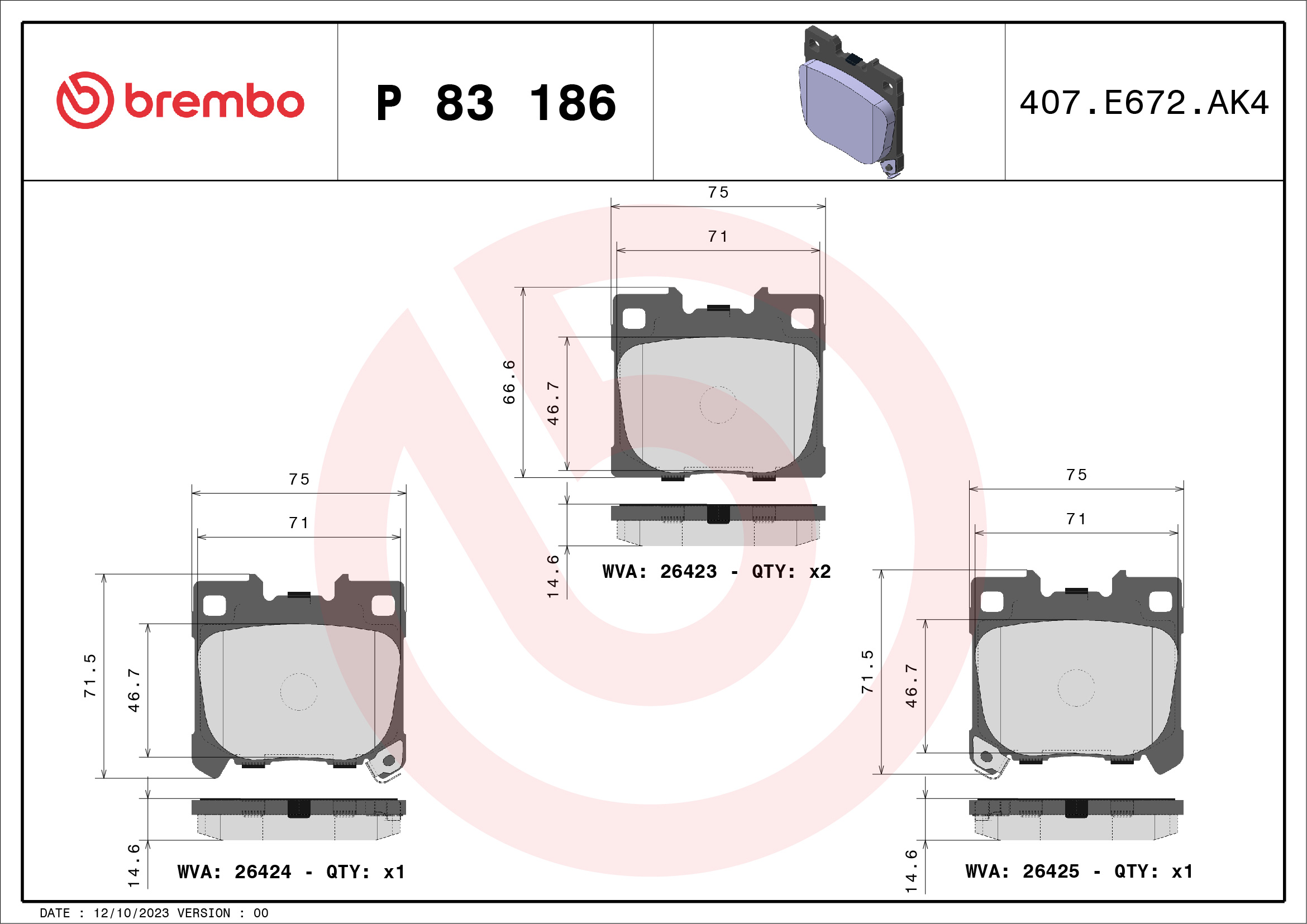 Jogo de 4 pastilhas de travão BREMBO ref. P 83 186