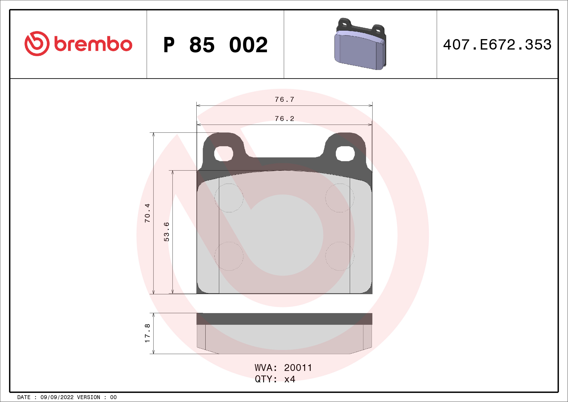 Jogo de 4 pastilhas de travão BREMBO ref. P 85 002