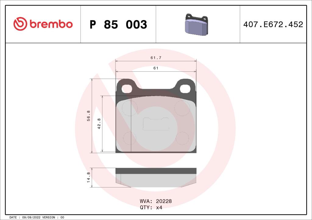 Jeu de 4 plaquettes de frein BREMBO ref. P 85 003