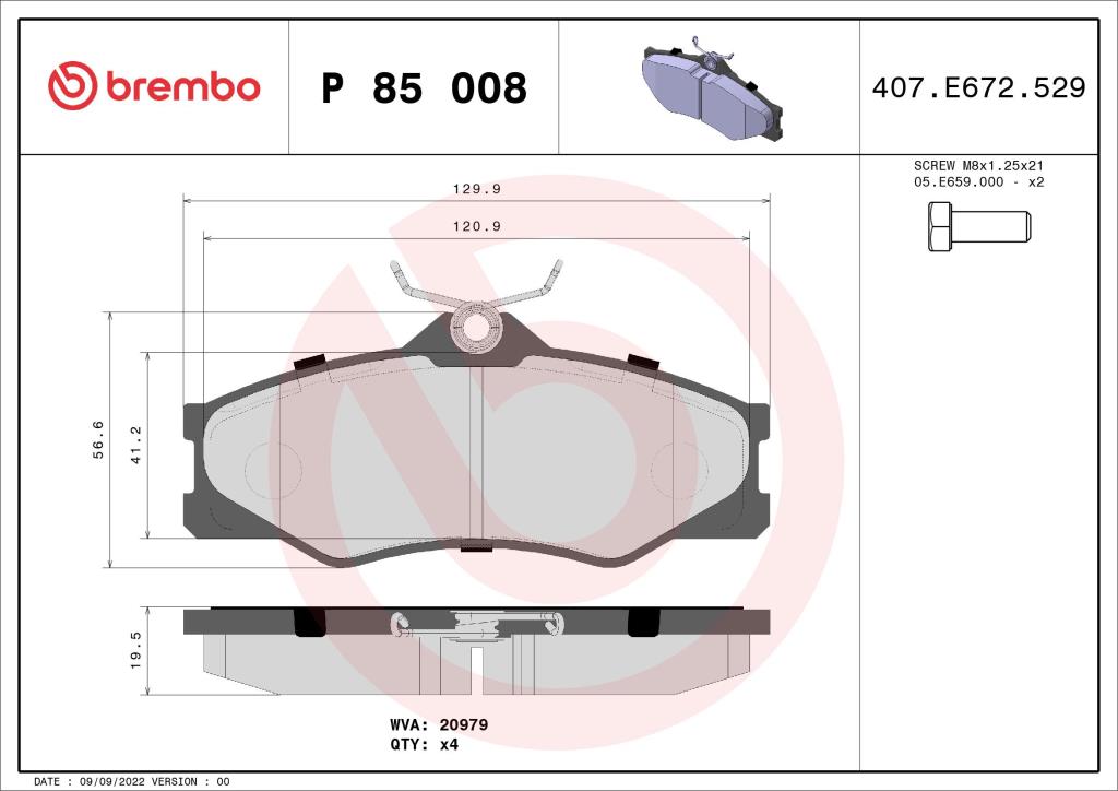 Jogo de 4 pastilhas de travão BREMBO ref. P 85 008