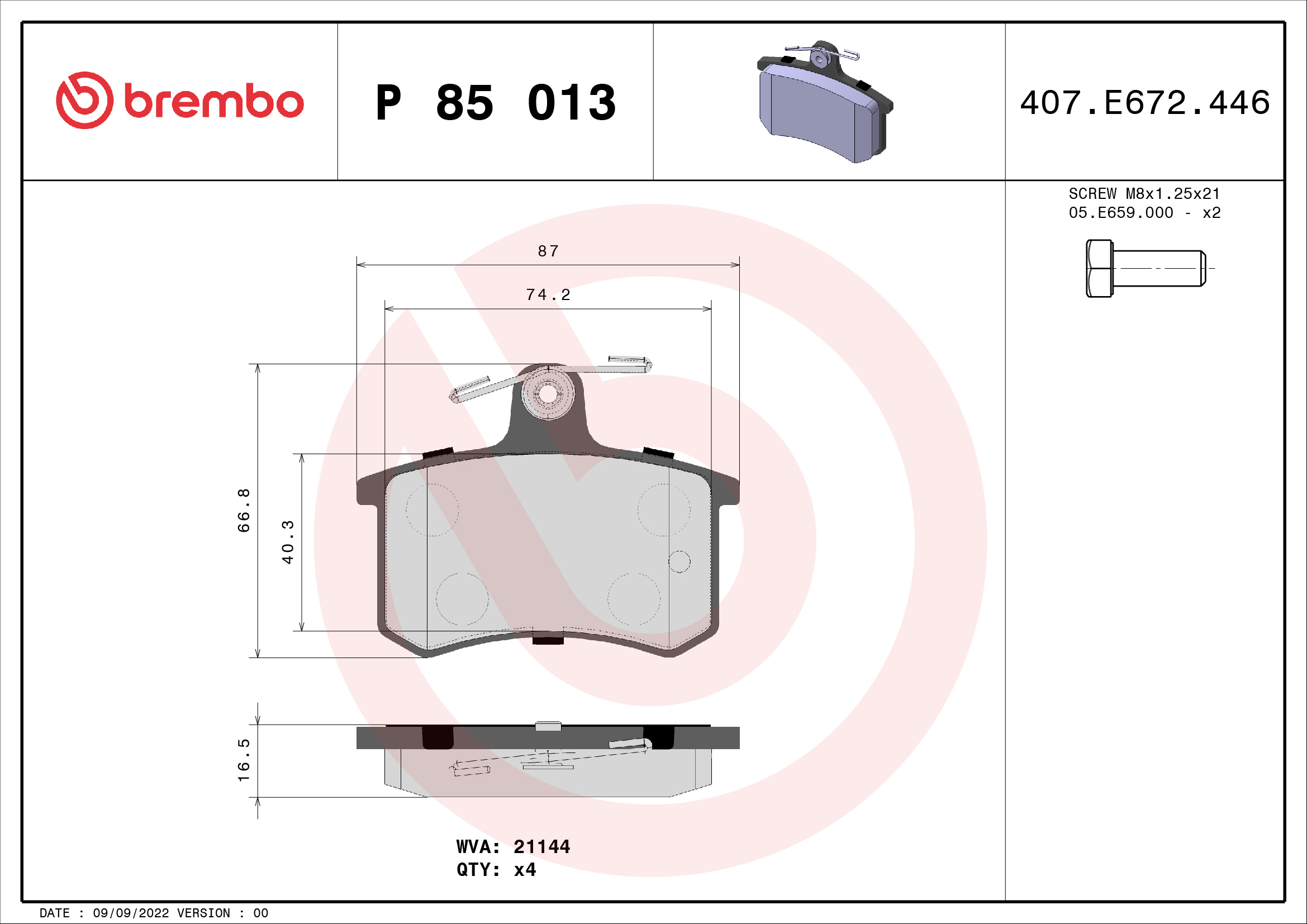 Jogo de 4 pastilhas de travão BREMBO ref. P 85 013