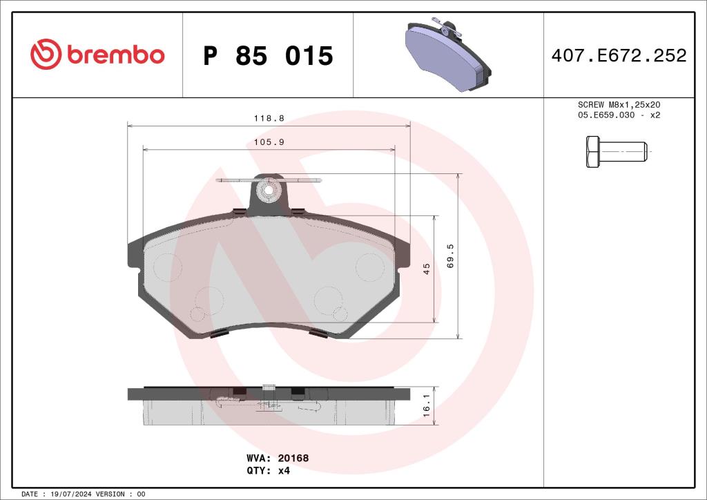 Jogo de 4 pastilhas de travão BREMBO ref. P 85 015