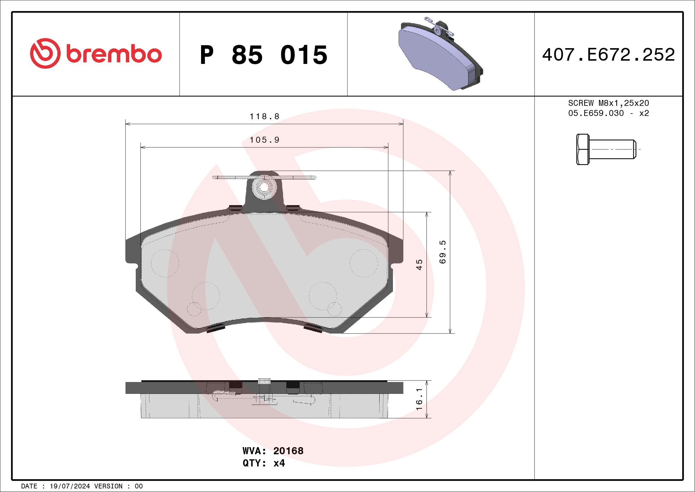 Jogo de 4 pastilhas de travão BREMBO ref. P 85 015
