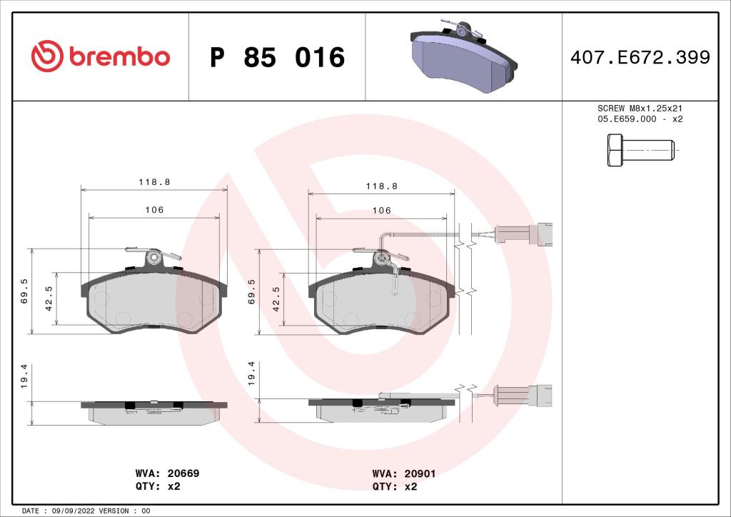 Jogo de 4 pastilhas de travão BREMBO ref. P 85 016