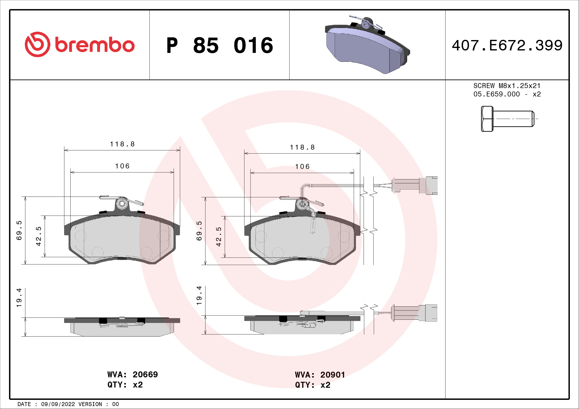 Jogo de 4 pastilhas de travão BREMBO ref. P 85 016
