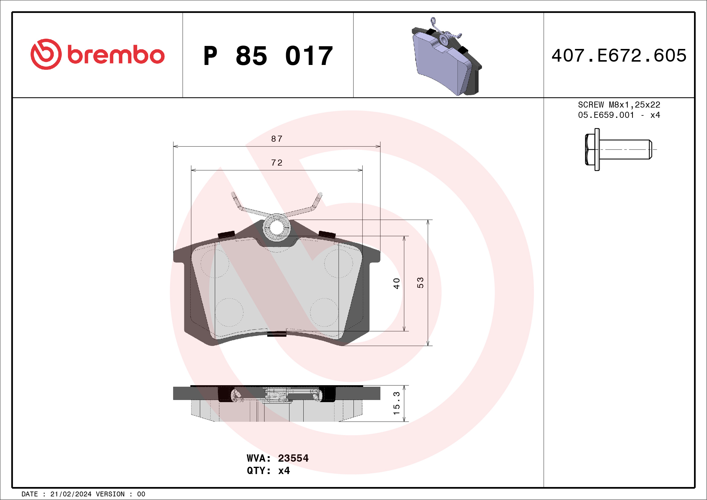 Jeu de 4 plaquettes de frein BREMBO ref. P 85 017