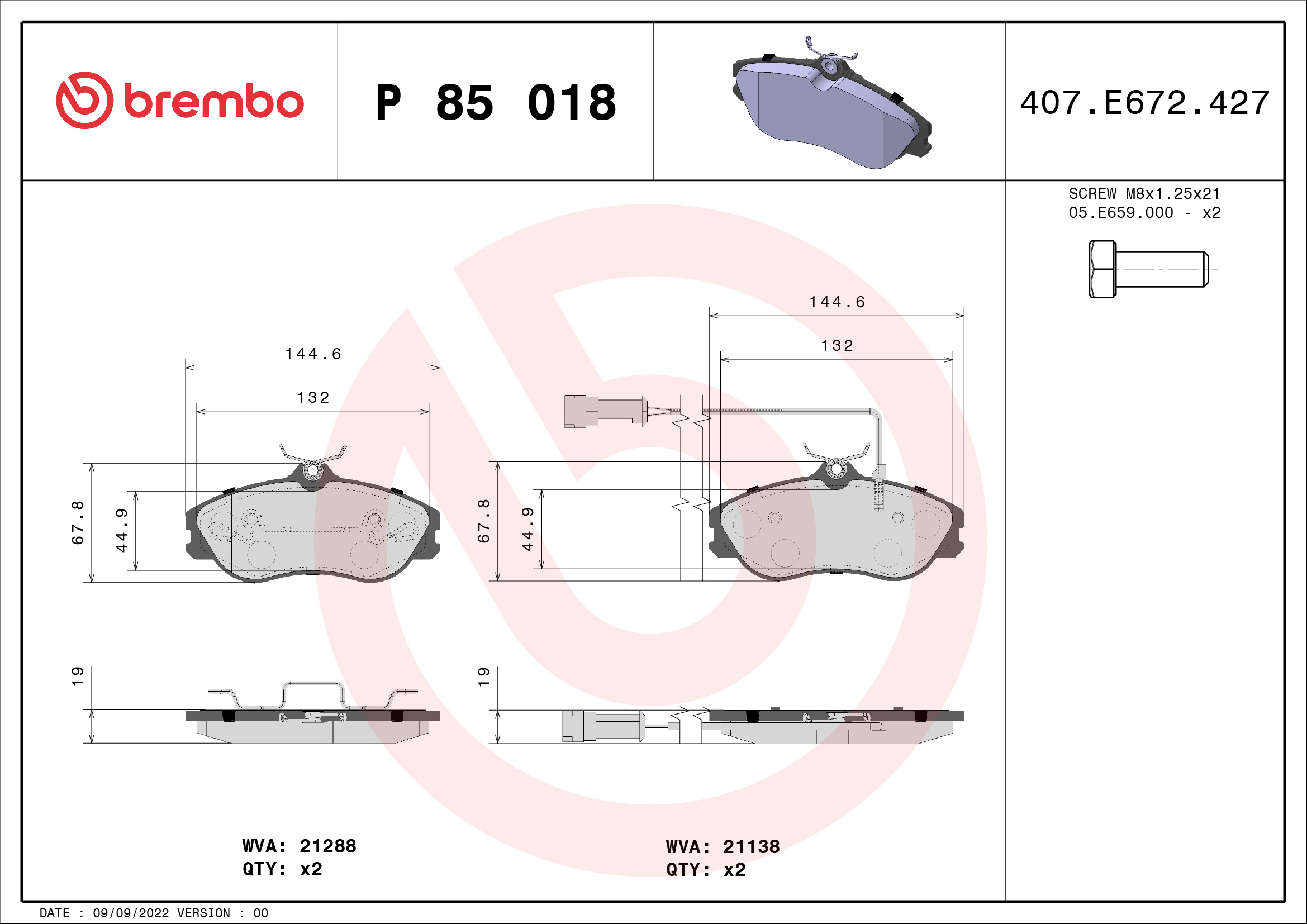 Jeu de 4 plaquettes de frein BREMBO ref. P 85 018