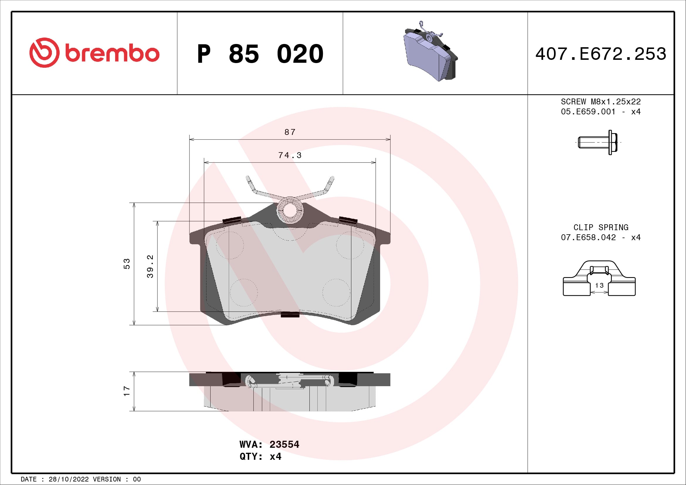 Jogo de 4 pastilhas de travão BREMBO ref. P 85 020