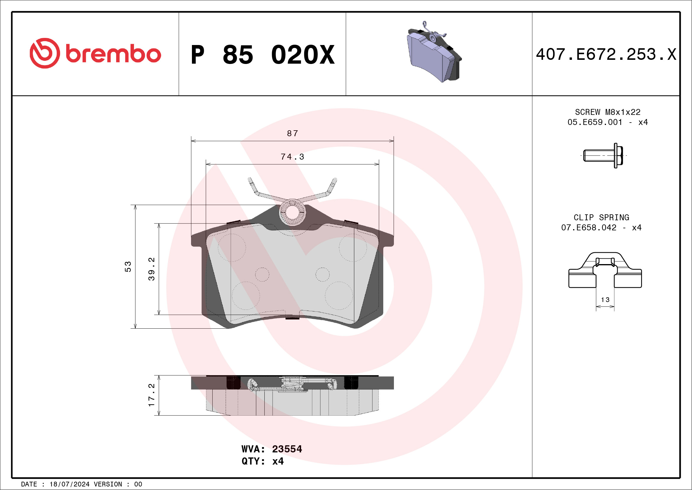 Jogo de 4 pastilhas de travão BREMBO ref. P 85 020X