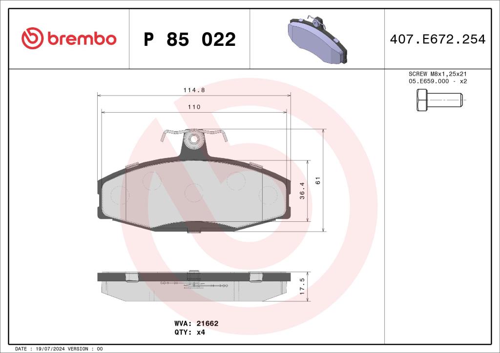Jogo de 4 pastilhas de travão BREMBO ref. P 85 022