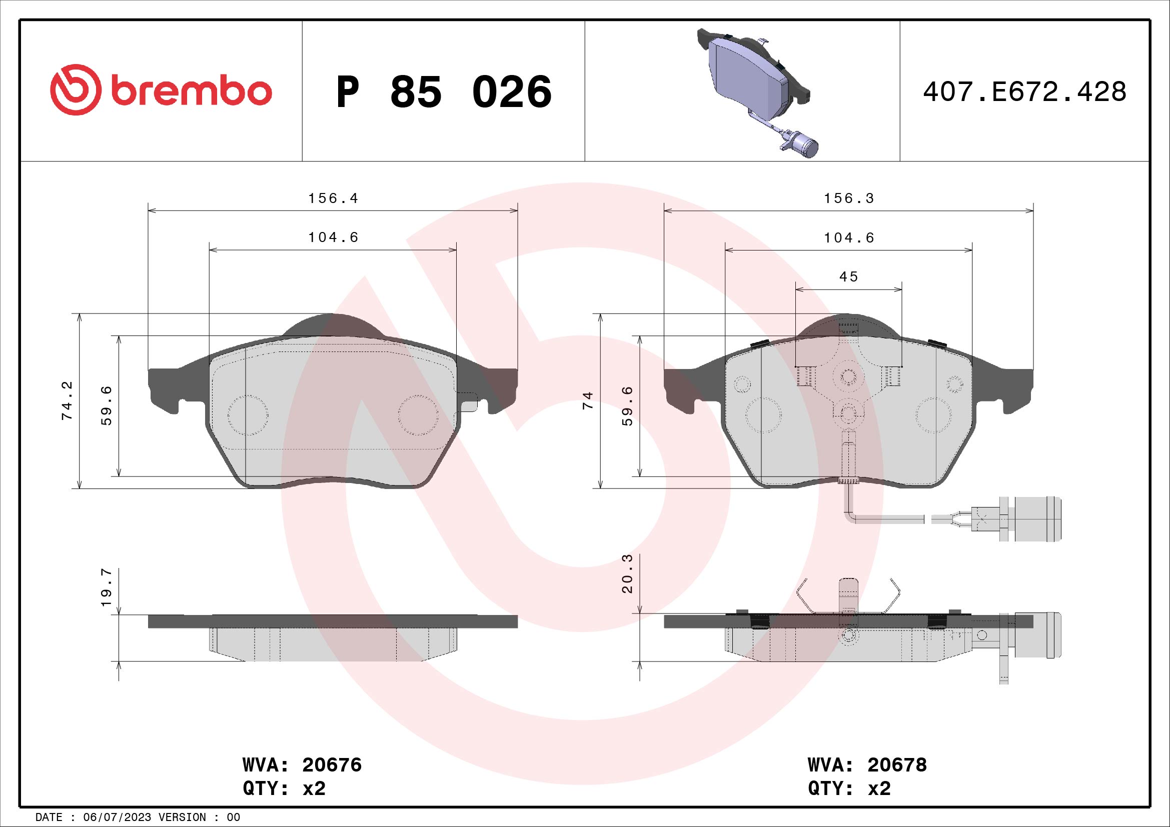 Jogo de 4 pastilhas de travão BREMBO ref. P 85 026