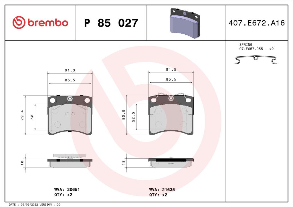 Jeu de 4 plaquettes de frein BREMBO ref. P 85 027