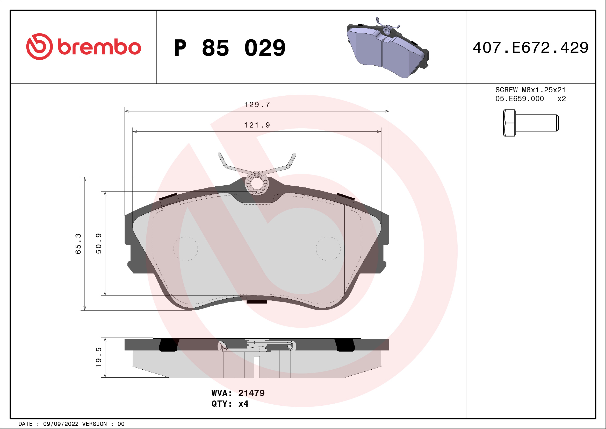 Jogo de 4 pastilhas de travão BREMBO ref. P 85 029