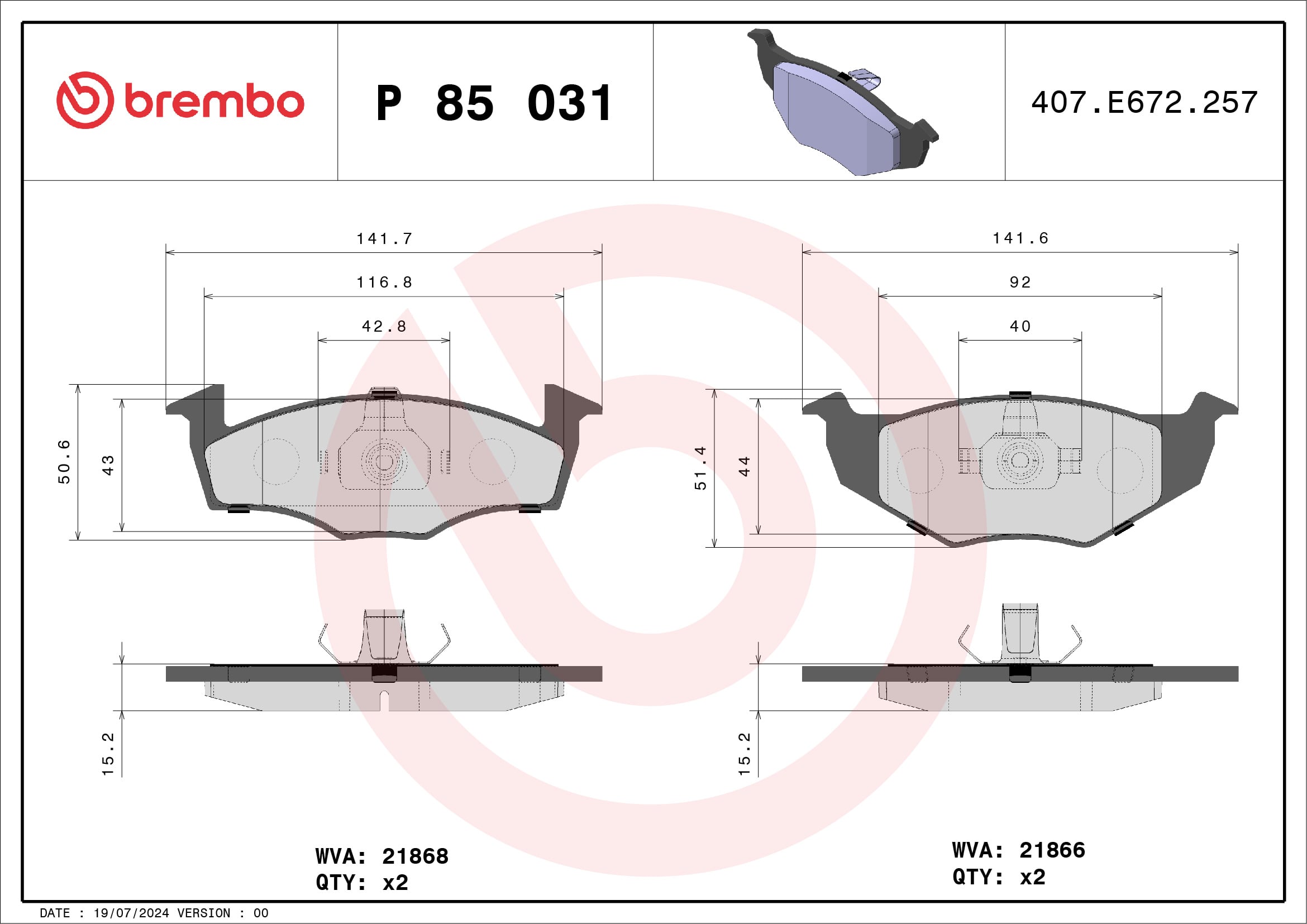 Jogo de 4 pastilhas de travão BREMBO ref. P 85 031
