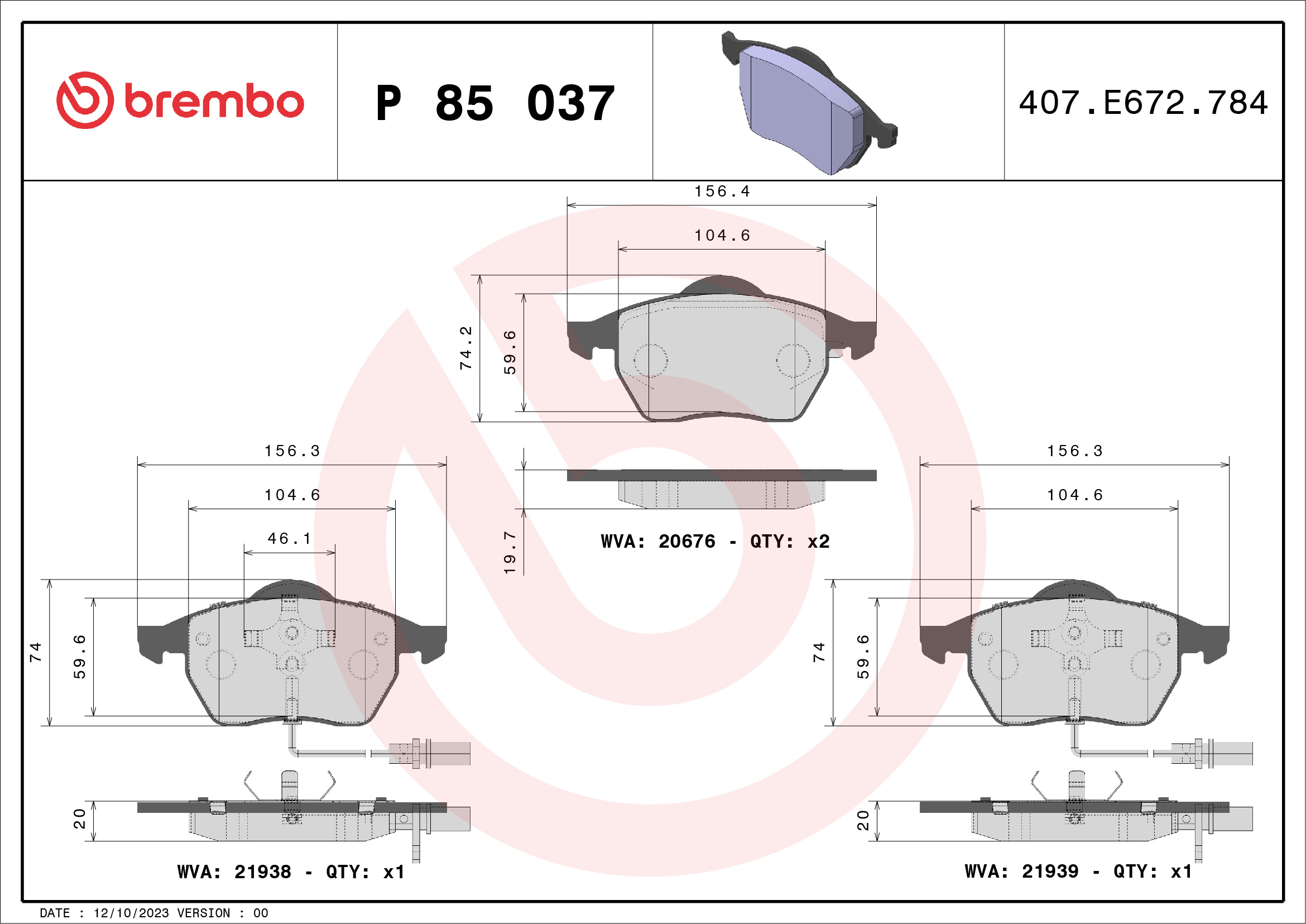 Jogo de 4 pastilhas de travão BREMBO ref. P 85 037