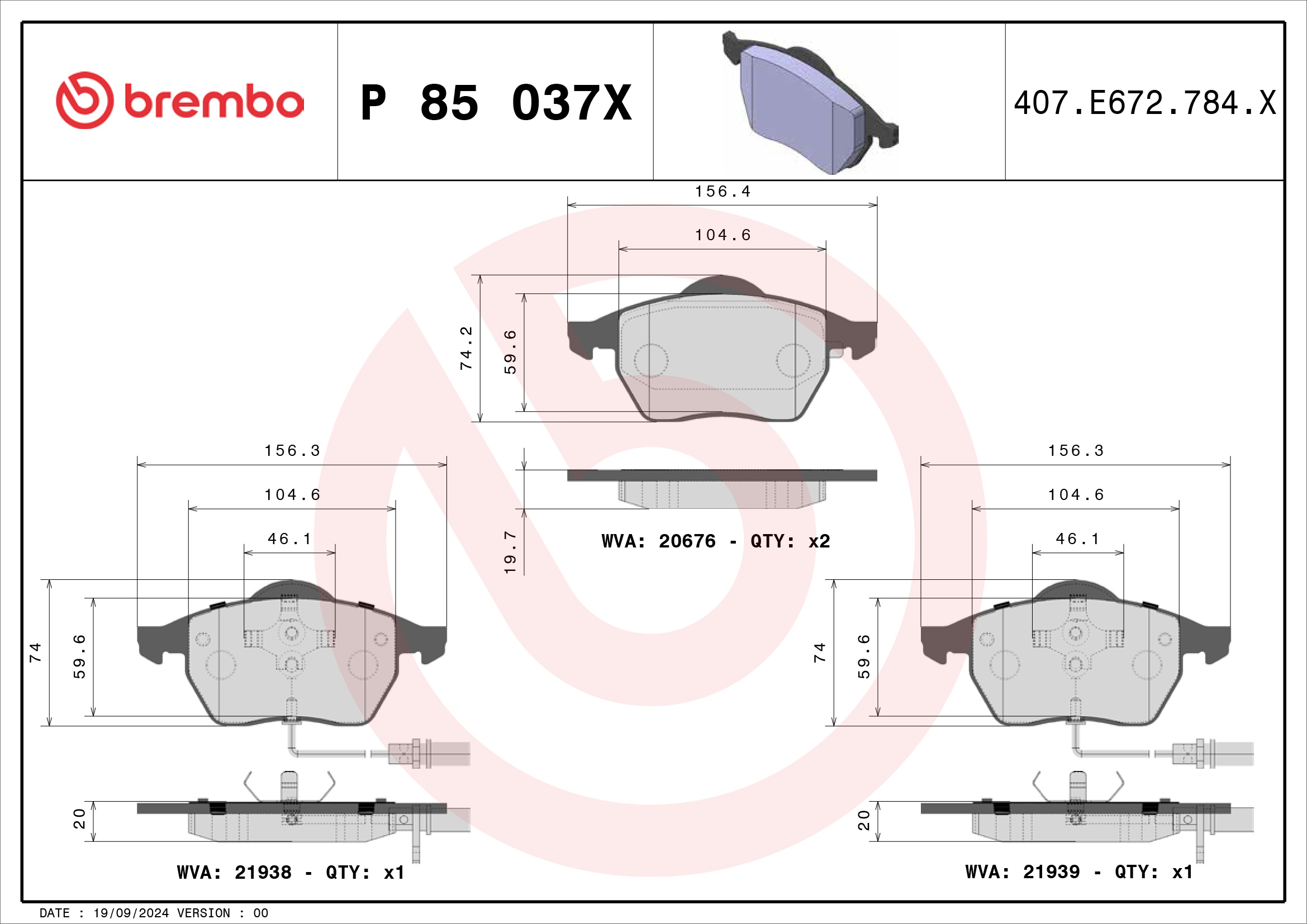 Jogo de 4 pastilhas de travão BREMBO ref. P 85 037X