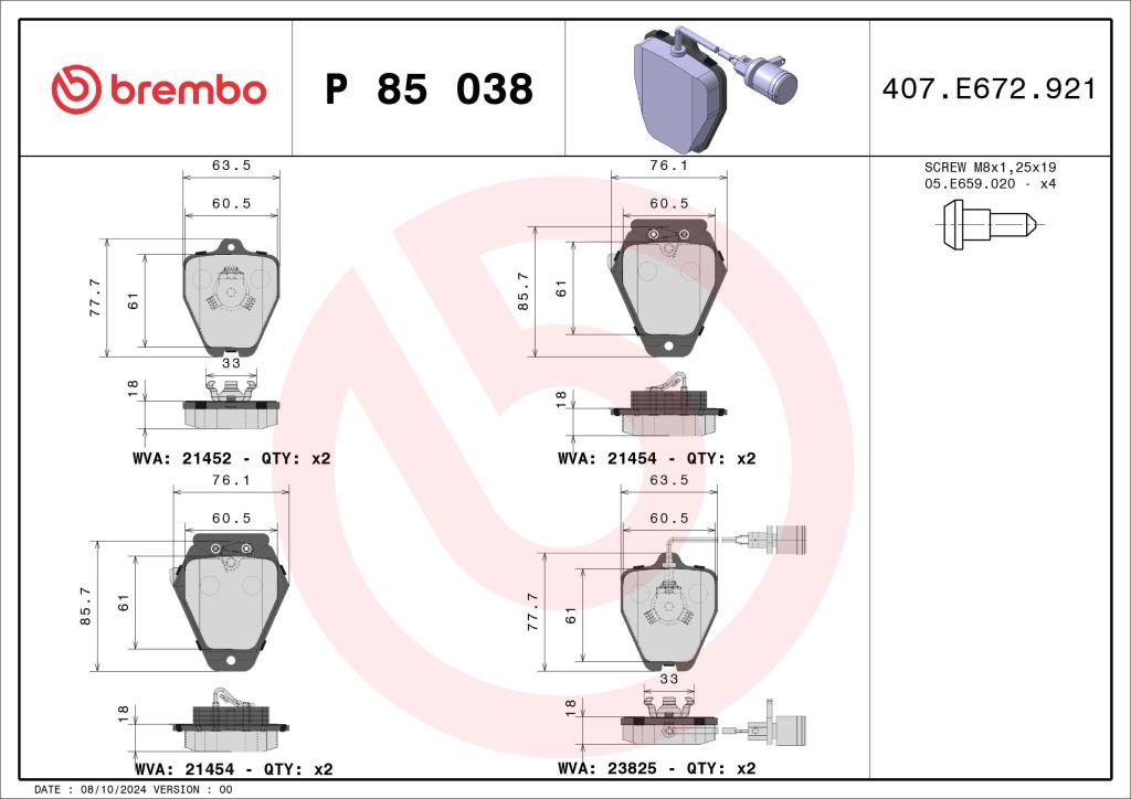 Jogo de 4 pastilhas de travão BREMBO ref. P 85 038