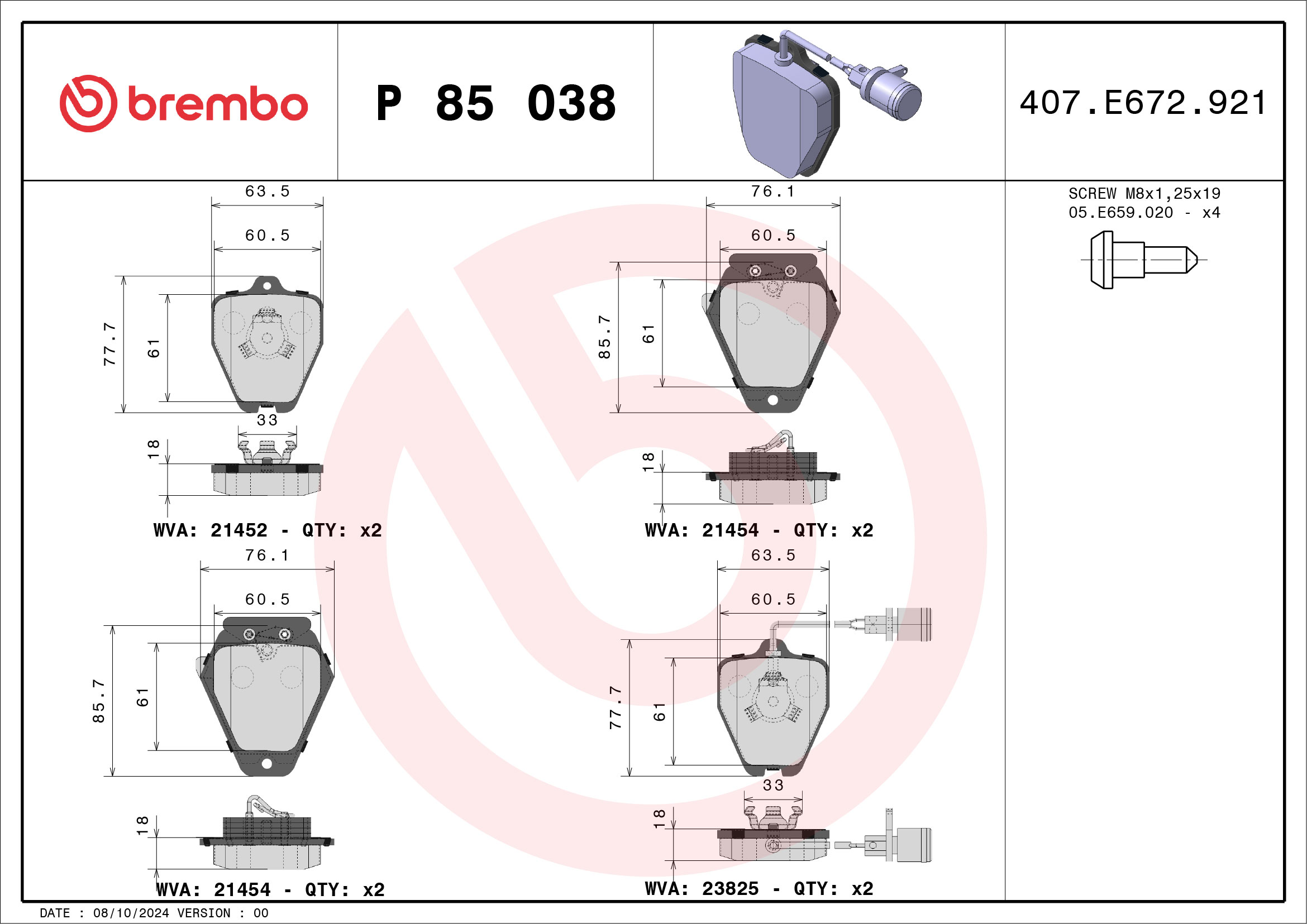 Jogo de 4 pastilhas de travão BREMBO ref. P 85 038