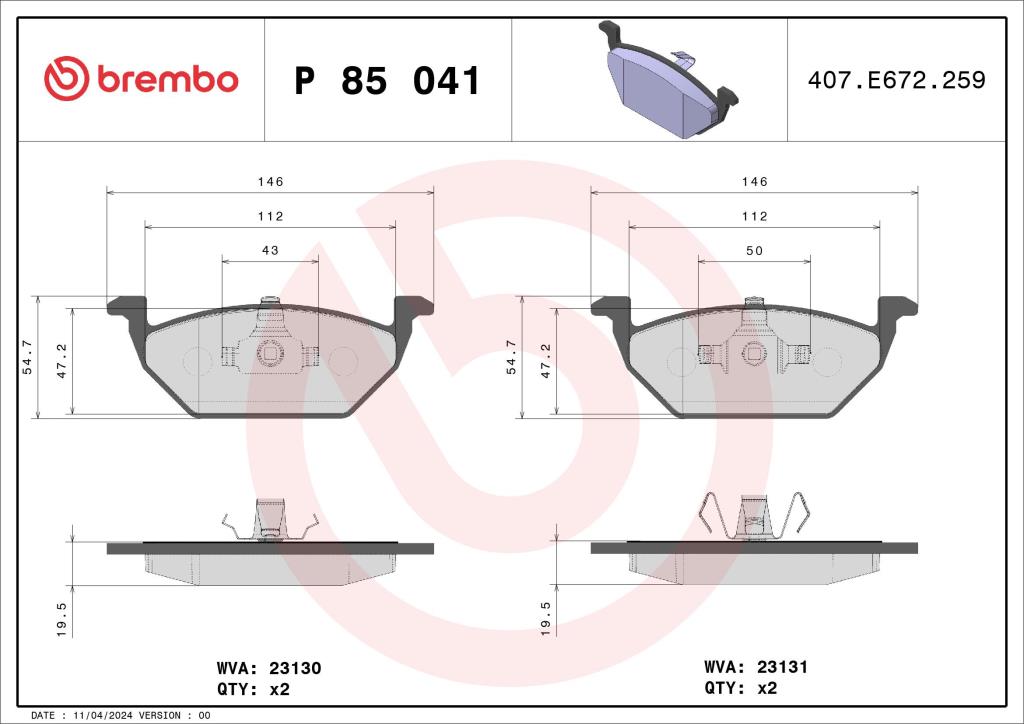 Jogo de 4 pastilhas de travão BREMBO ref. P 85 041X
