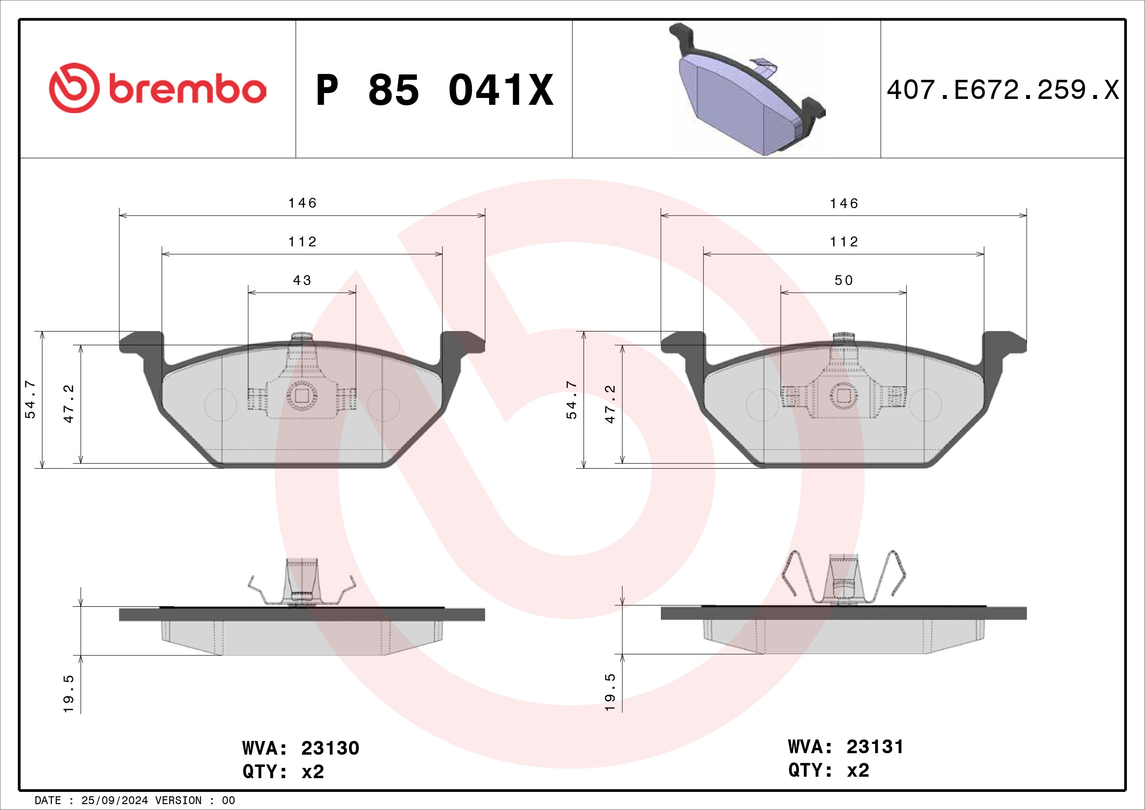 Jogo de 4 pastilhas de travão BREMBO ref. P 85 041X