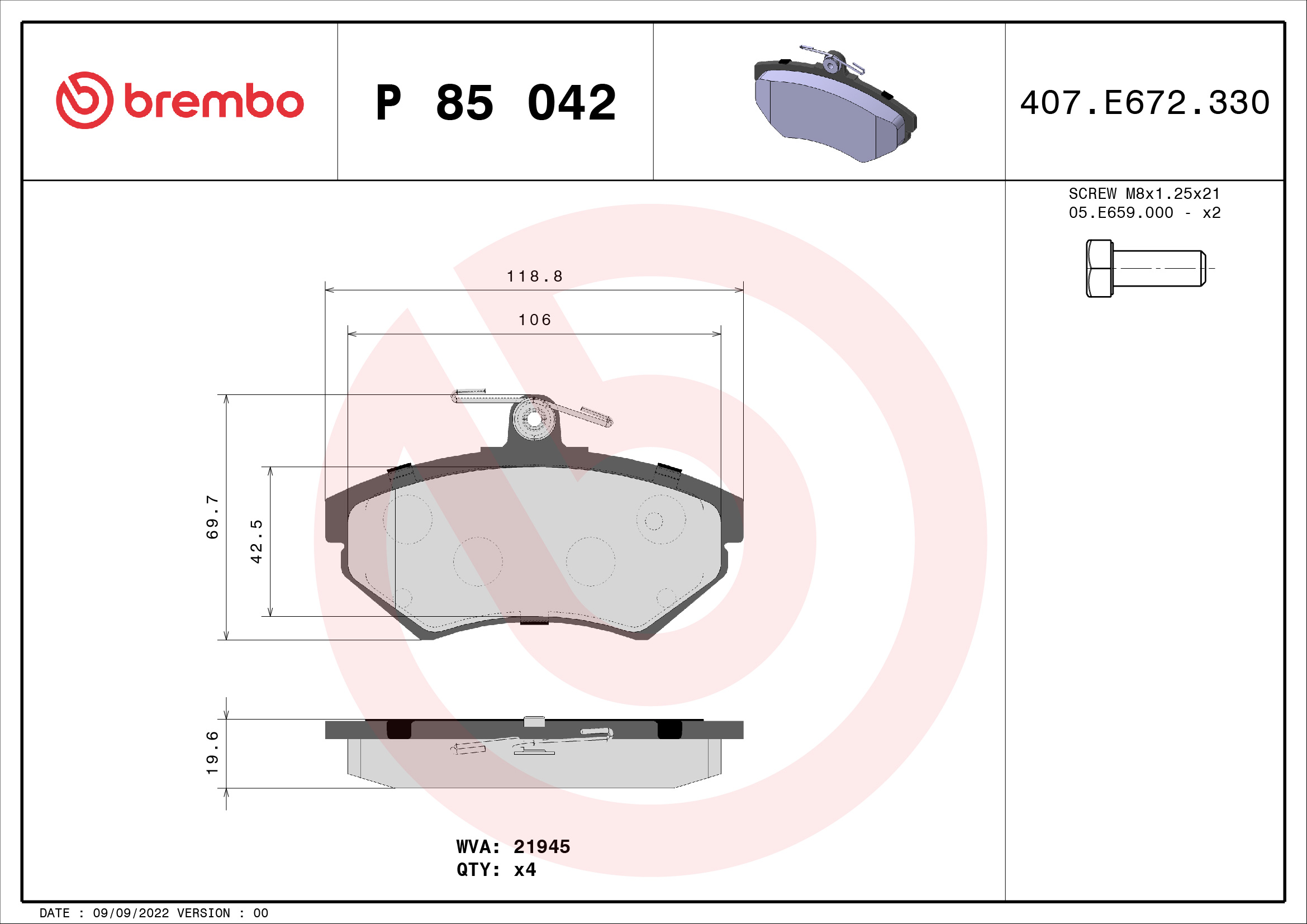 Jeu de 4 plaquettes de frein BREMBO ref. P 85 042
