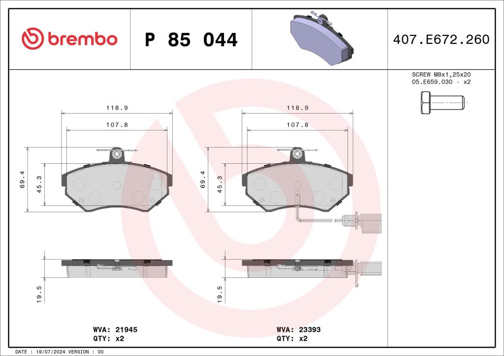 Jeu de 4 plaquettes de frein BREMBO ref. P 85 044