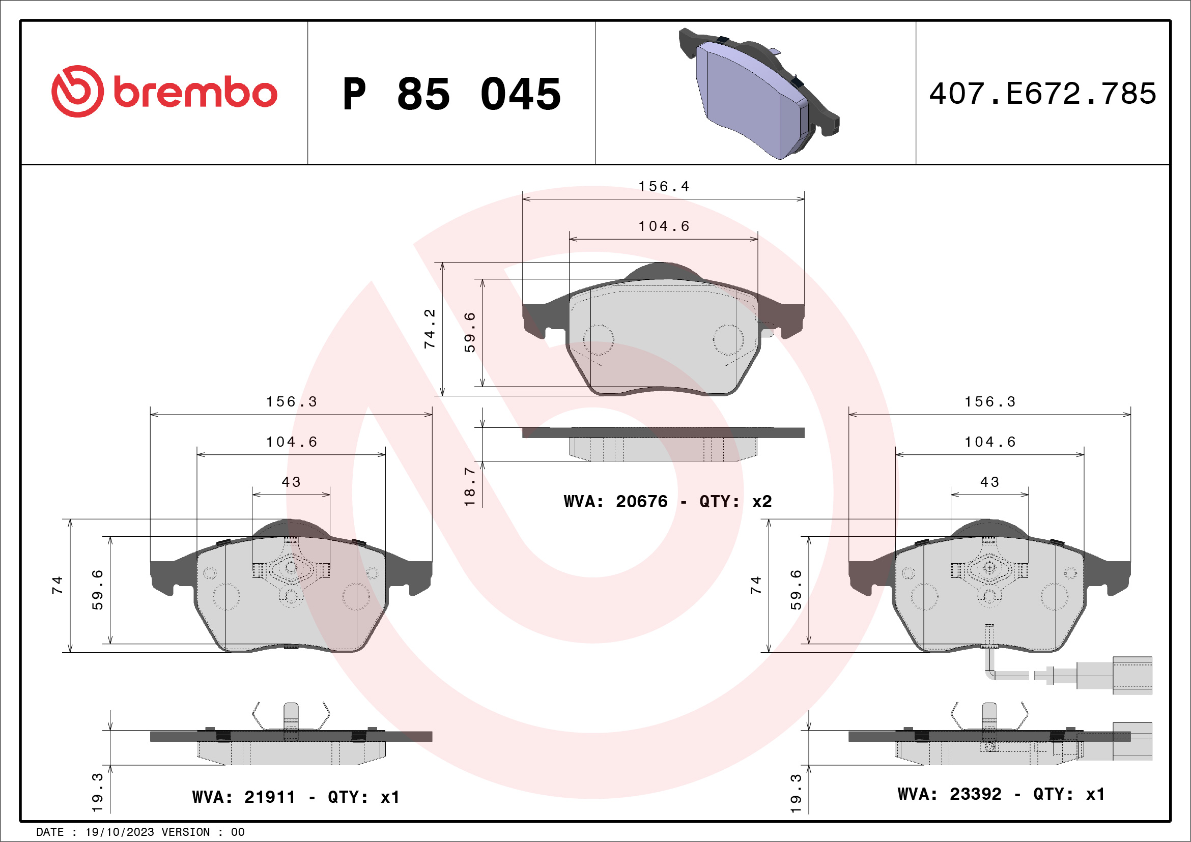 Jeu de 4 plaquettes de frein BREMBO ref. P 85 045