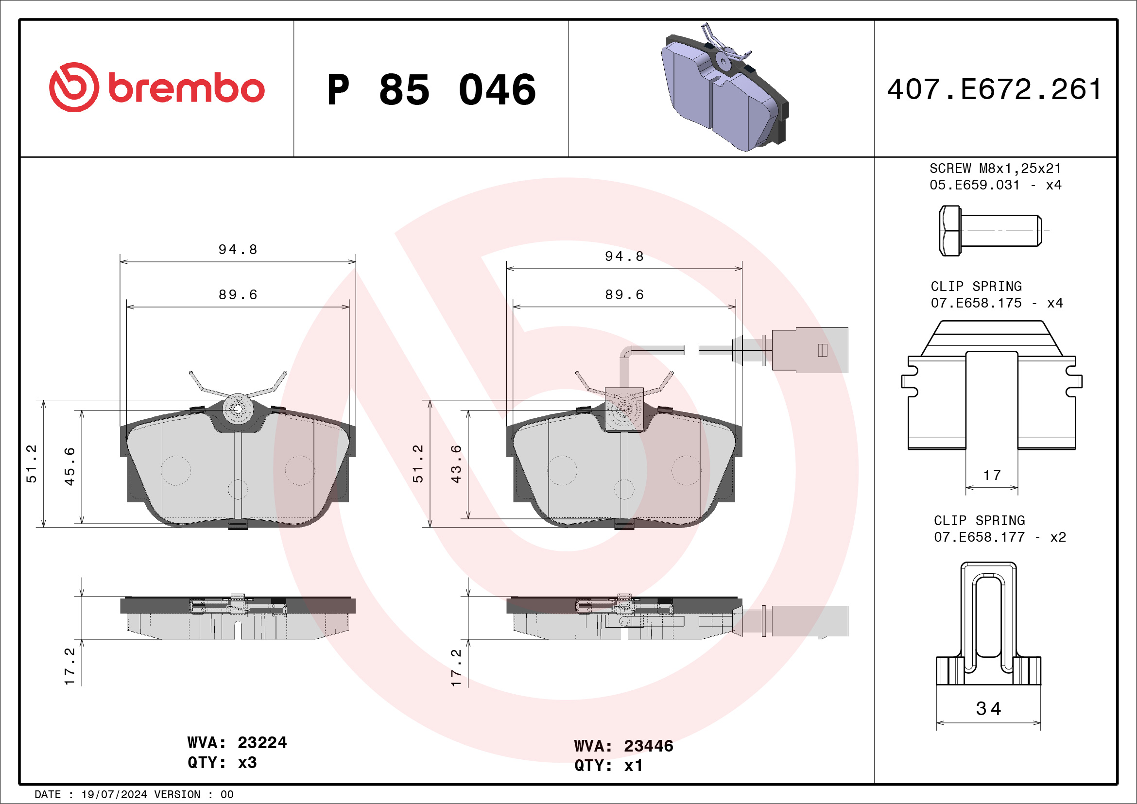 Jeu de 4 plaquettes de frein BREMBO ref. P 85 046
